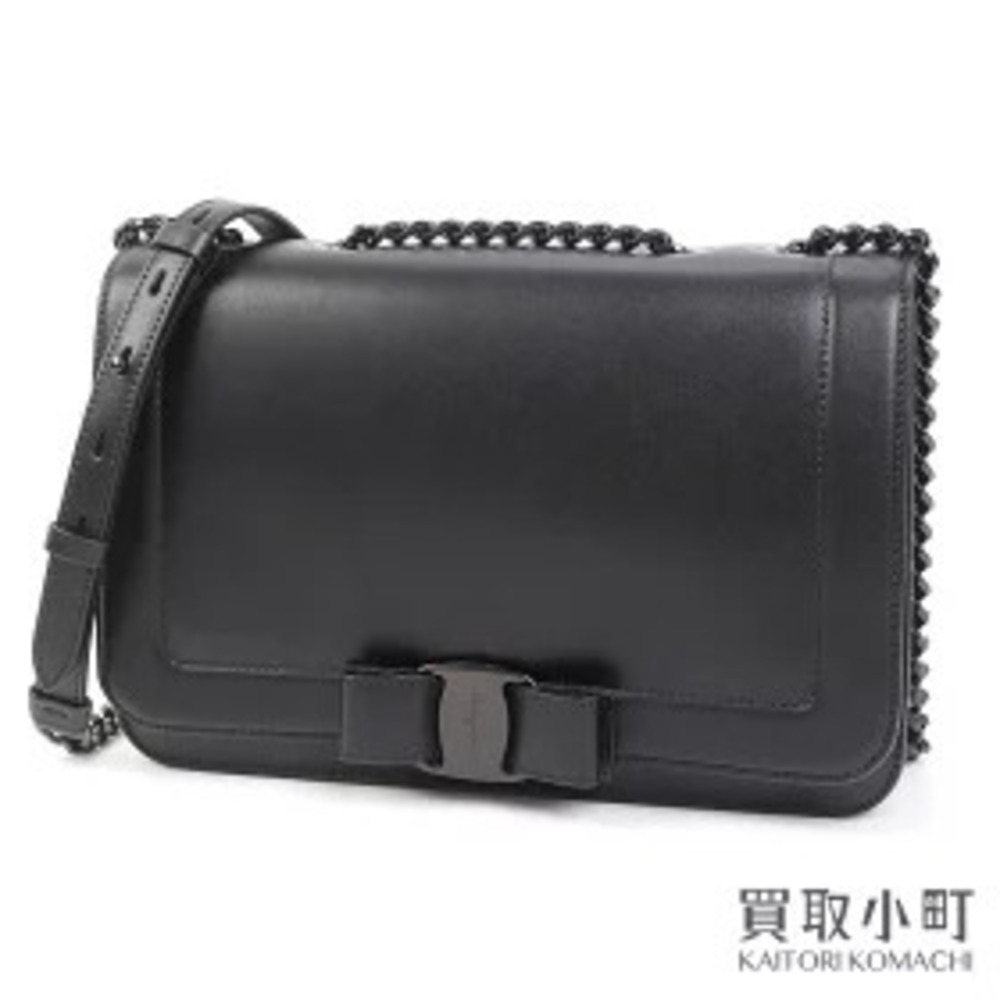 Salvatore Ferragamo Vara Ribbon Flap Shoulder Bag Black Calf Leather Chain